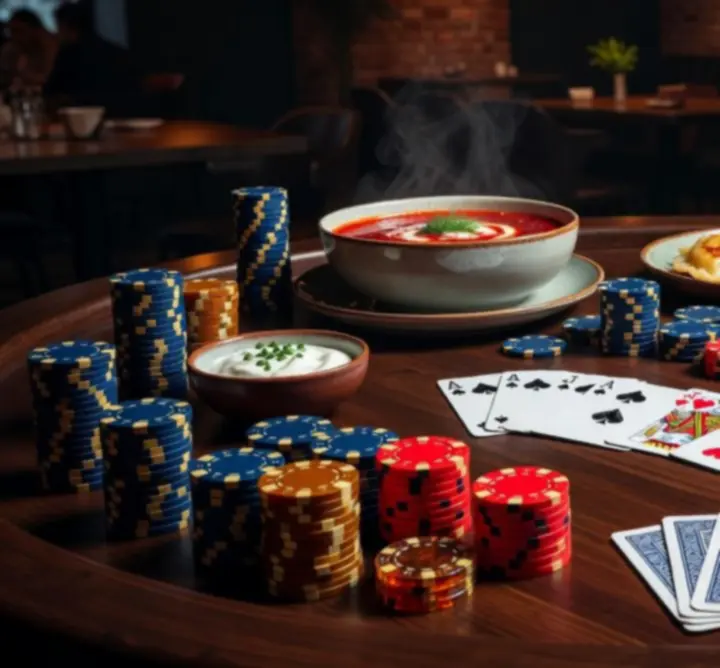 Stół z przekąskami, daniami i kolorowymi drinkami podczas wieczoru pokerowego.