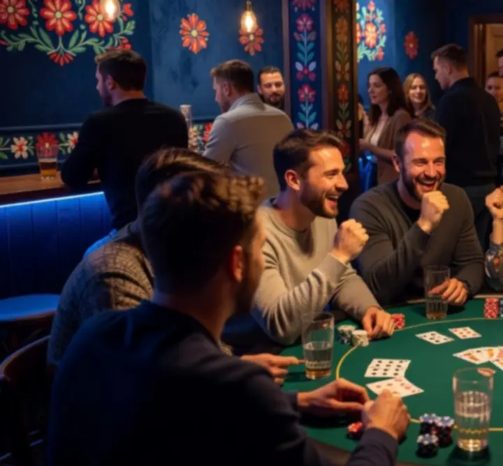 Zadowoleni goście śmiejący się przy stole pokerowym podczas wieczoru w MirrorFinishGarage